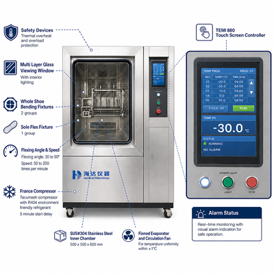 HAIDA Whole Shoe and Sole Flex Freezing Tester Low Temperature Flexing Testing Machine GB ISO 20344 Standard Equipment